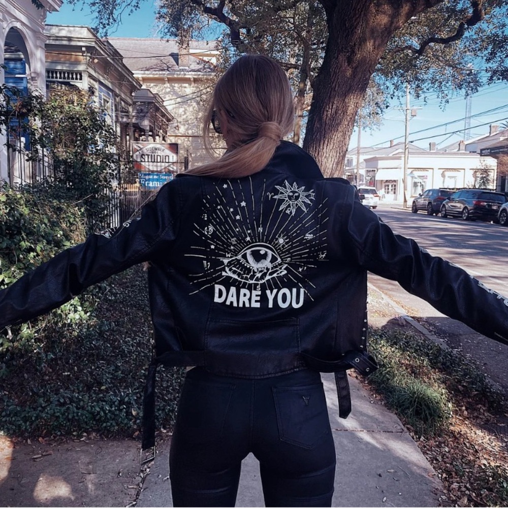 Yara Zaya Graphic Black Faux Leather Jacket | Size S